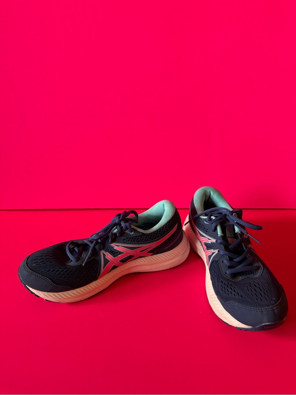 Asics Navy Running Shoes with Pink Logo and Cream Midsole